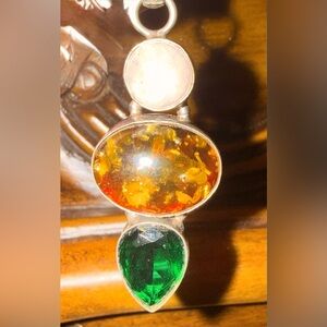 Vintage sterling Baltic Amber, moonstone Triple-Stone Pendant Necklace